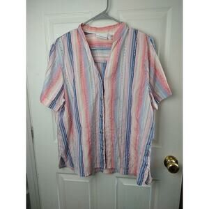 Alfred Dunner V Neck Button Collarless Striped Polka Dot Slit Blouse. Size 16